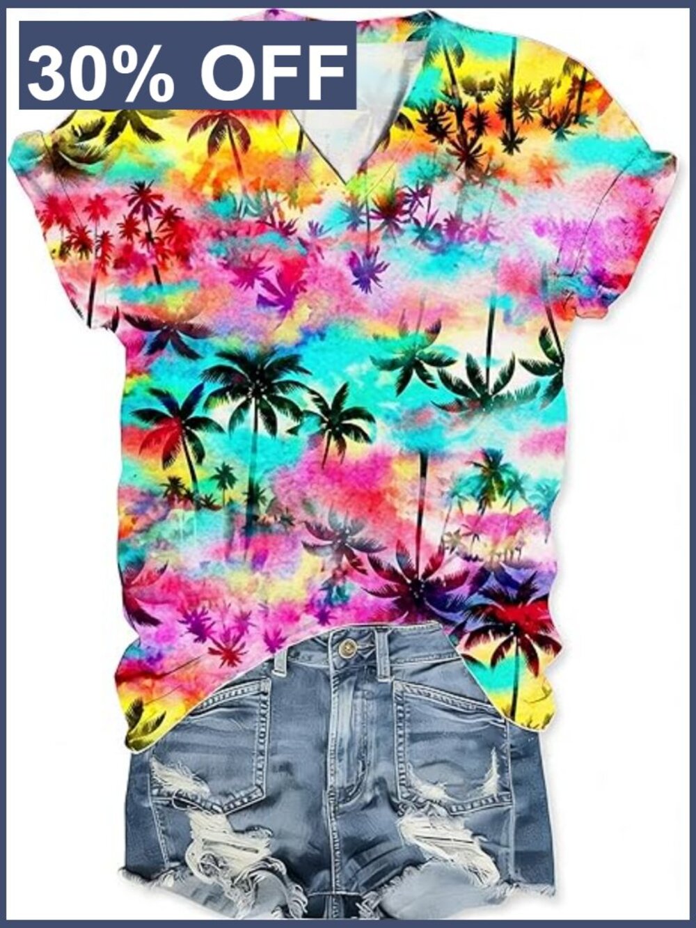 V-Neck Tropical Beach Top Floral Tropic Print Short Sleeve Tee